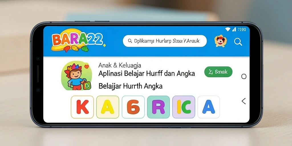 Screenshot BARA22 menampilkan antarmuka interaktif untuk belajar huruf dan angka.