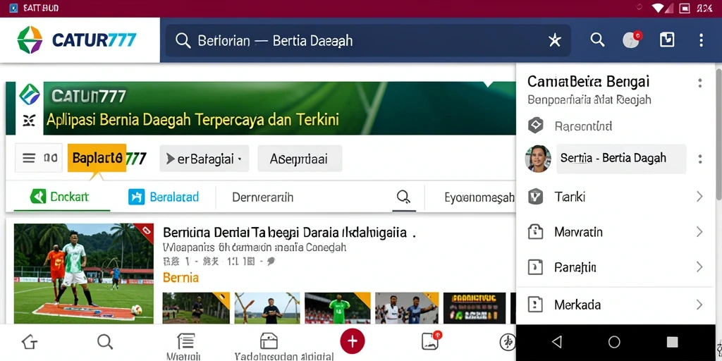 Antarmuka aplikasi CATUR777 menampilkan berita daerah terkini dan fitur interaktif.