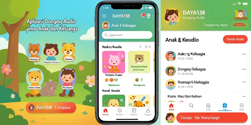 Antarmuka pengguna DAYA138 yang menarik dengan berbagai pilihan dongeng audio.