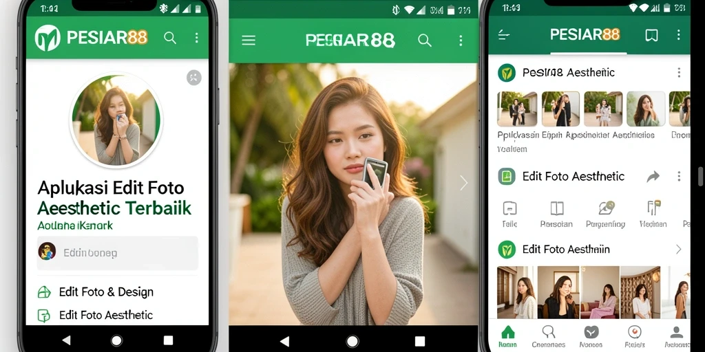 Screenshot aplikasi PESIAR88 menampilkan fitur Edit Foto Aesthetic yang menarik.