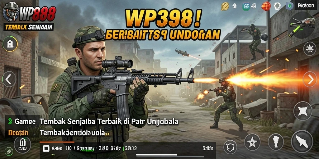 Screenshot utama WP888 menampilkan aksi menembak yang mendebarkan.
